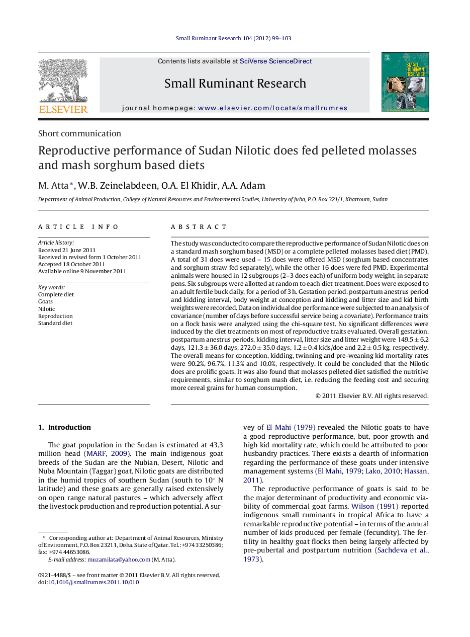 Reproductive performance of Sudan Nilotic does fed pelleted molasses and mash sorghum based diets