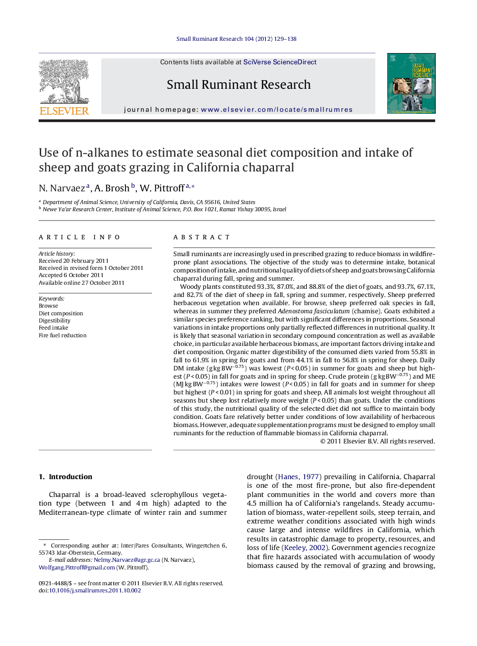 Use of n-alkanes to estimate seasonal diet composition and intake of sheep and goats grazing in California chaparral