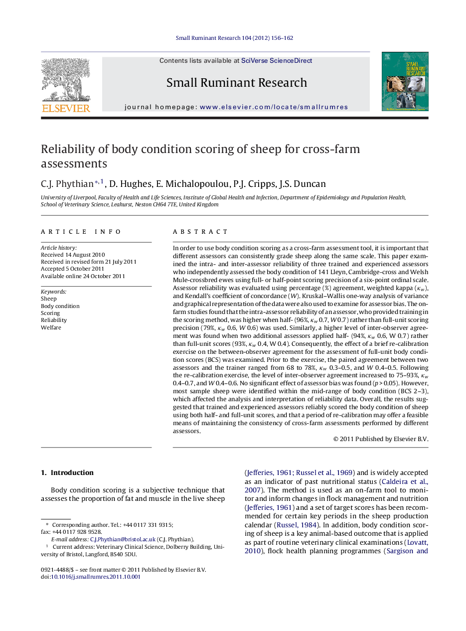 Reliability of body condition scoring of sheep for cross-farm assessments