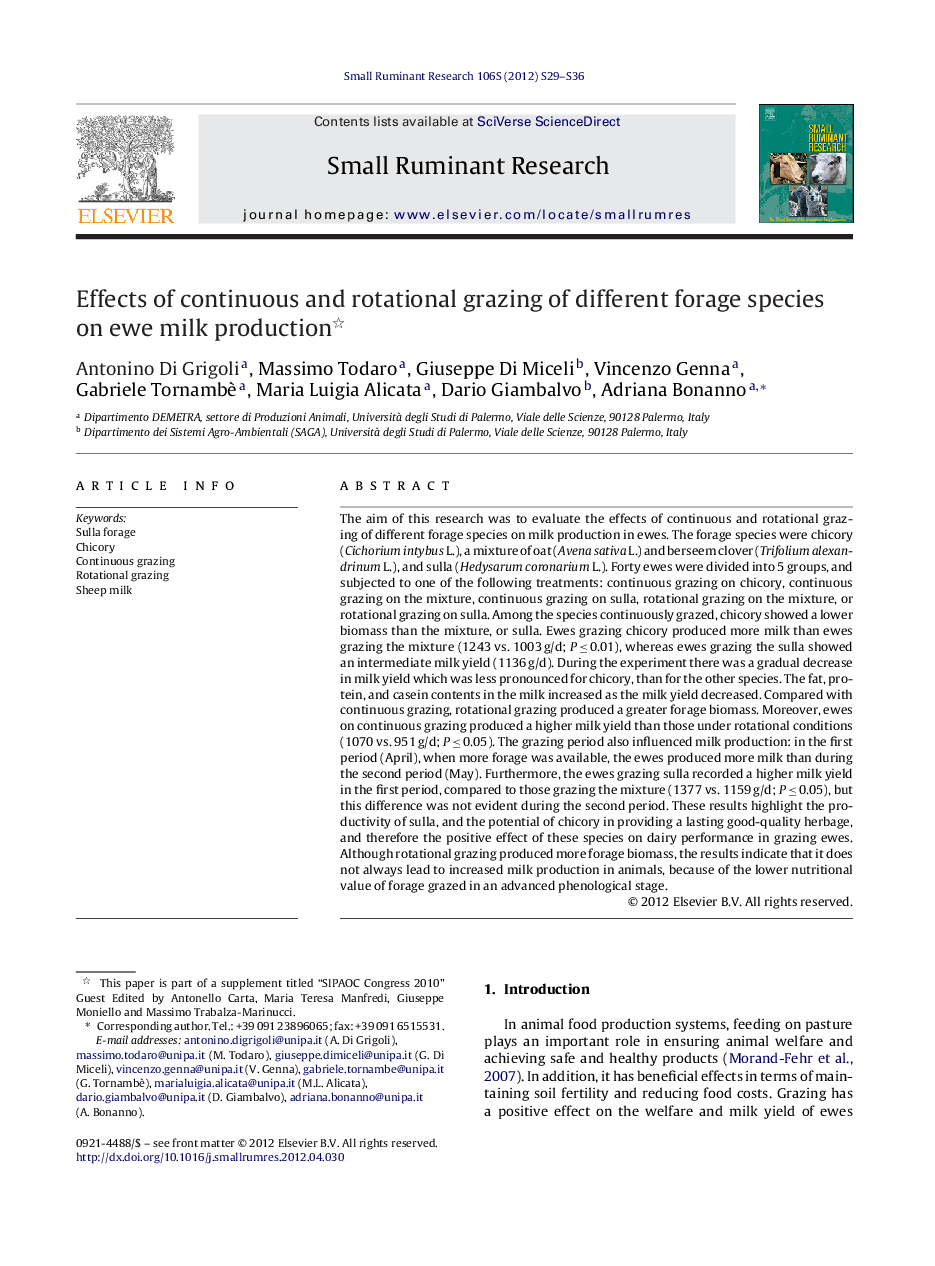 Effects of continuous and rotational grazing of different forage species on ewe milk production 