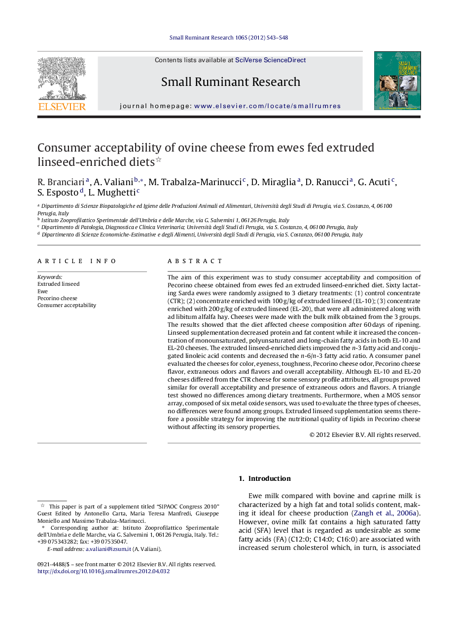 Consumer acceptability of ovine cheese from ewes fed extruded linseed-enriched diets 