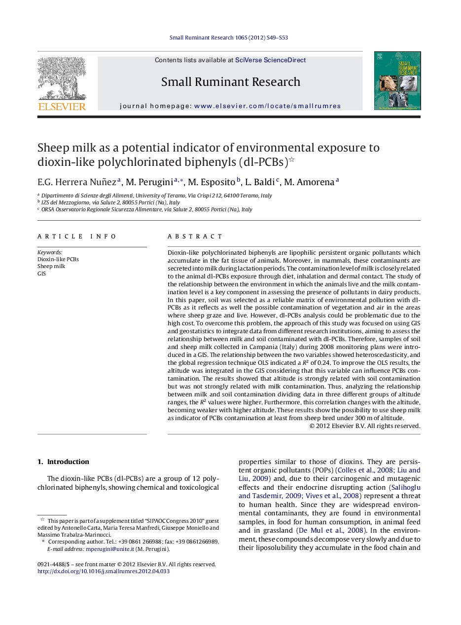 Sheep milk as a potential indicator of environmental exposure to dioxin-like polychlorinated biphenyls (dl-PCBs) 