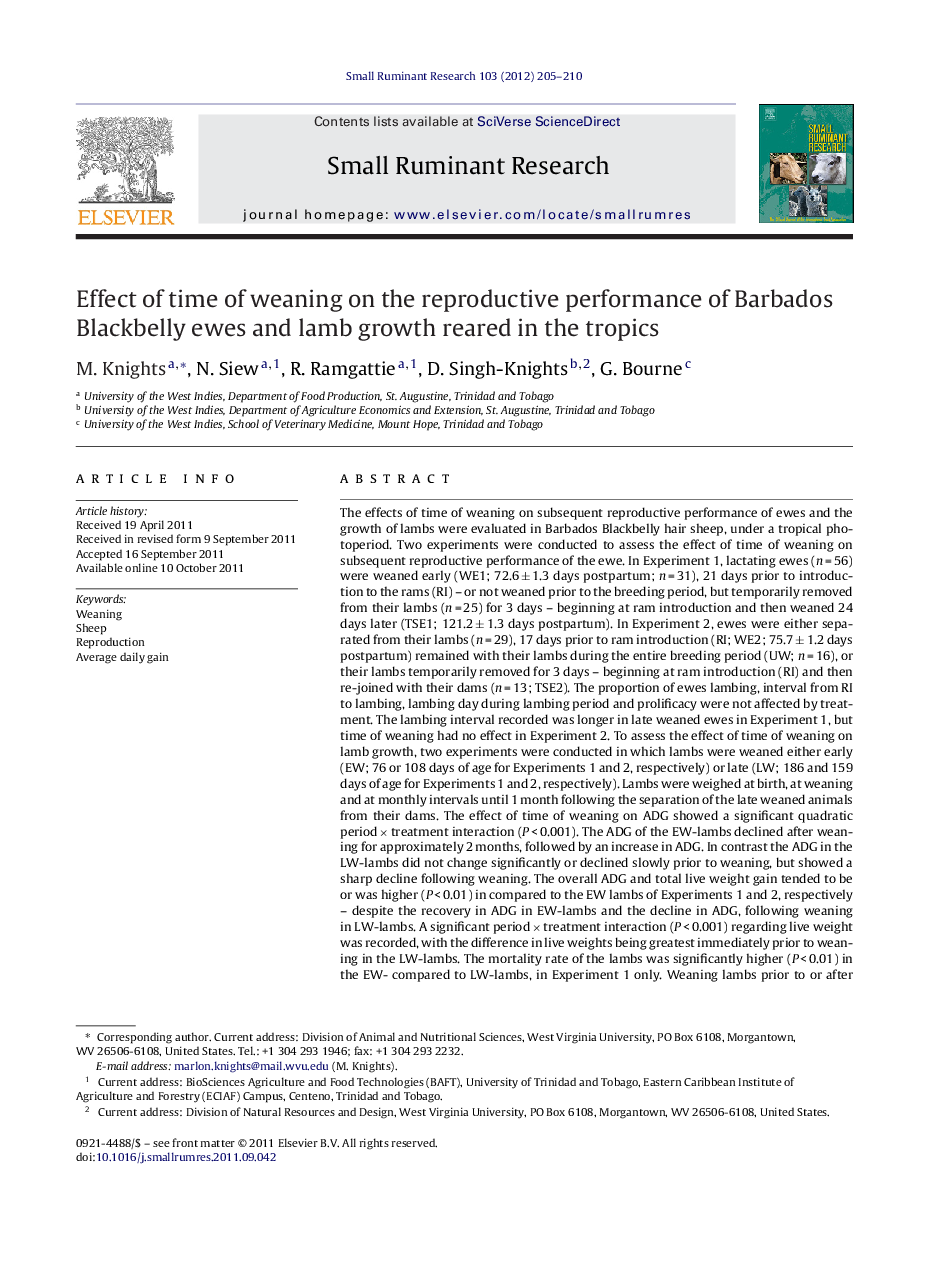 Effect of time of weaning on the reproductive performance of Barbados Blackbelly ewes and lamb growth reared in the tropics