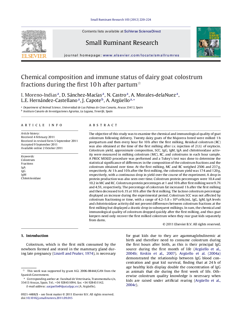 Chemical composition and immune status of dairy goat colostrum fractions during the first 10 h after partum 