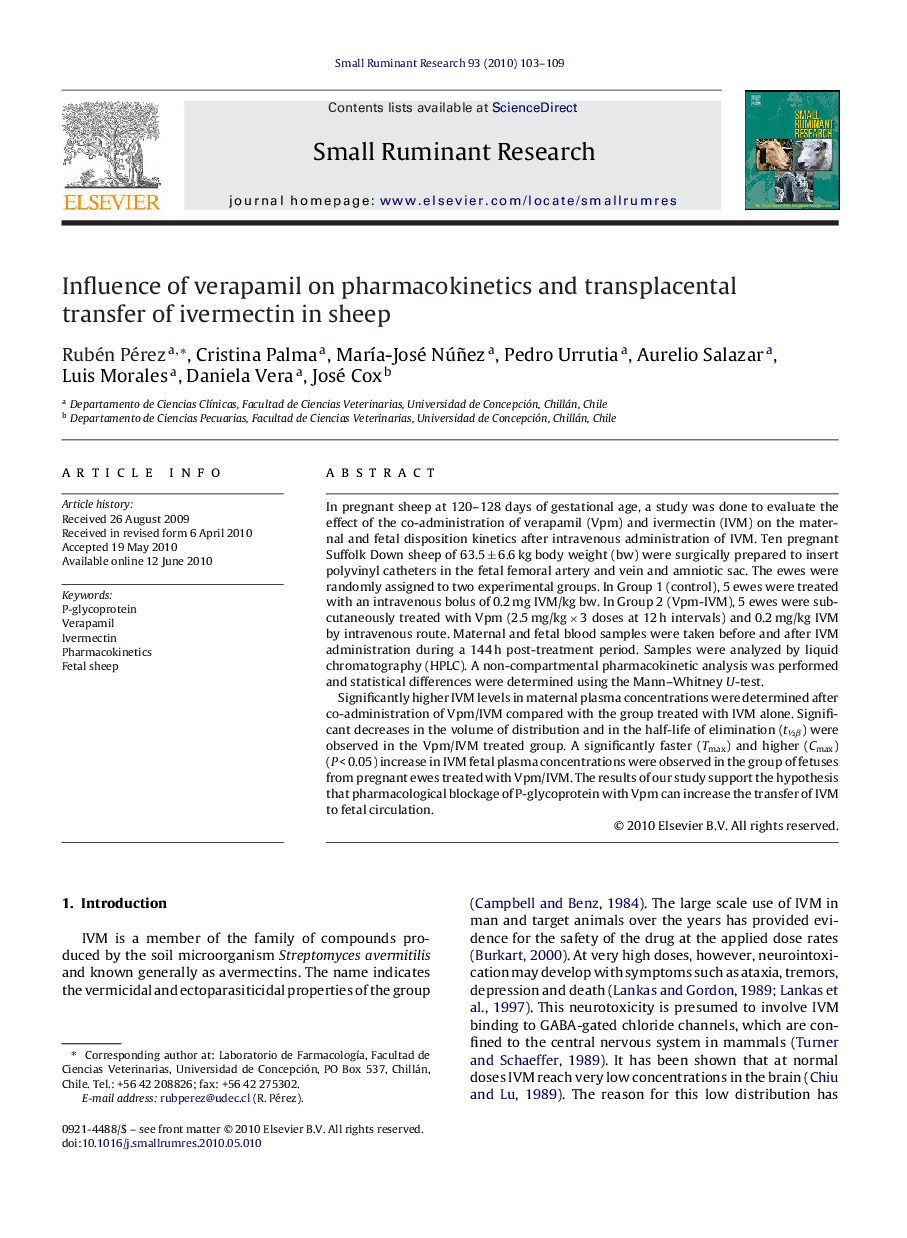 Influence of verapamil on pharmacokinetics and transplacental transfer of ivermectin in sheep