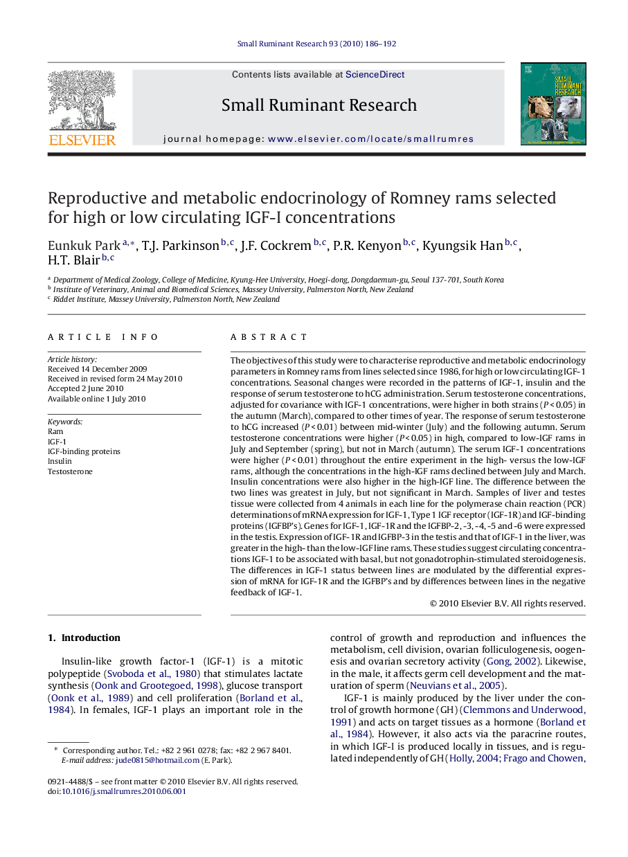 Reproductive and metabolic endocrinology of Romney rams selected for high or low circulating IGF-I concentrations