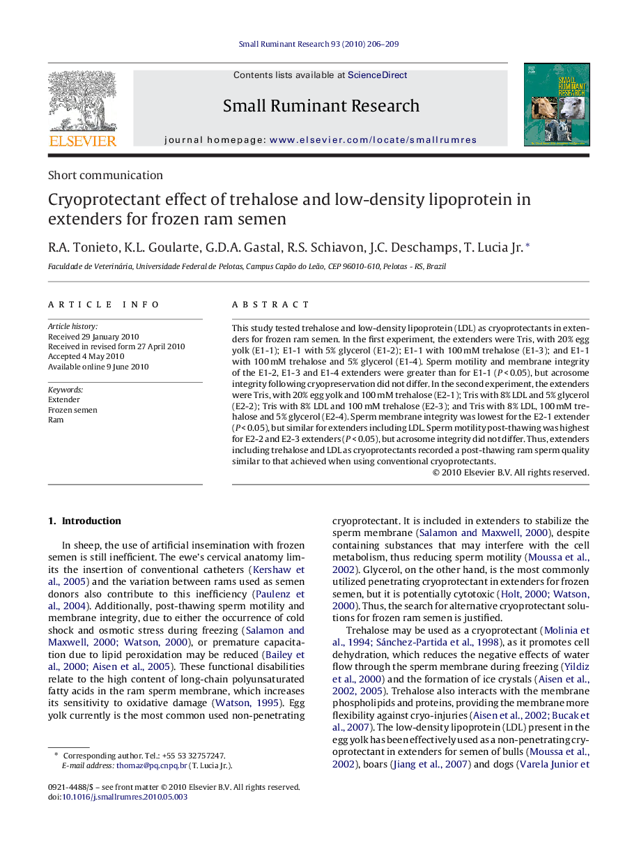 Cryoprotectant effect of trehalose and low-density lipoprotein in extenders for frozen ram semen