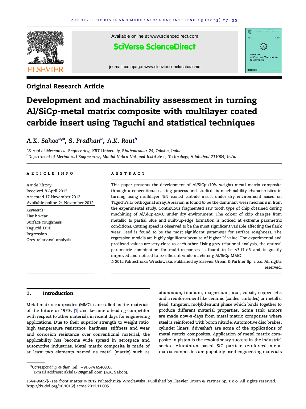 Development and machinability assessment in turning Al/SiCp-metal matrix composite with multilayer coated carbide insert using Taguchi and statistical techniques