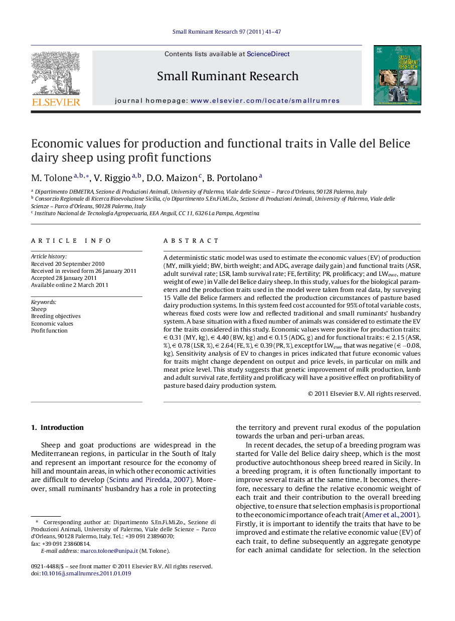 Economic values for production and functional traits in Valle del Belice dairy sheep using profit functions