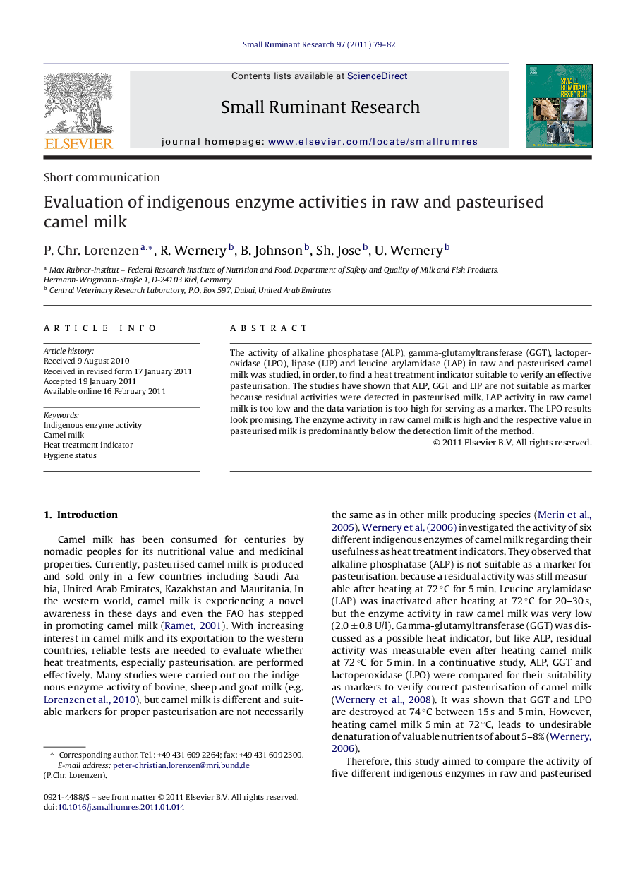 Evaluation of indigenous enzyme activities in raw and pasteurised camel milk