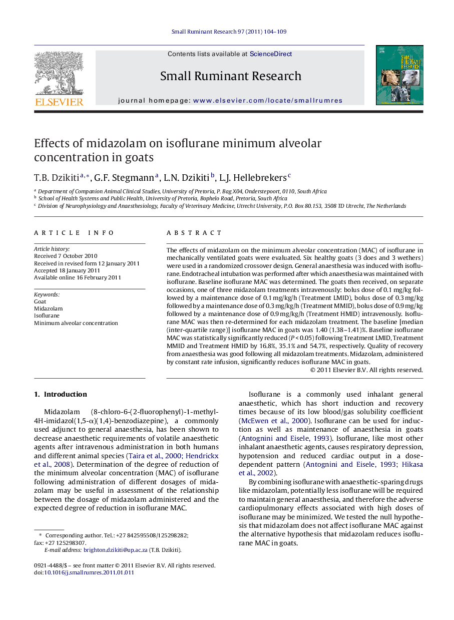 Effects of midazolam on isoflurane minimum alveolar concentration in goats