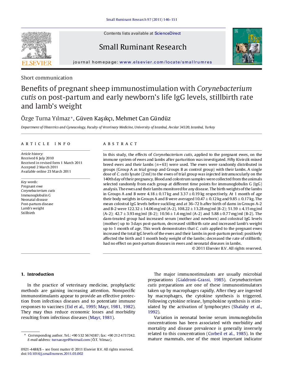 Benefits of pregnant sheep immunostimulation with Corynebacterium cutis on post-partum and early newborn's life IgG levels, stillbirth rate and lamb's weight