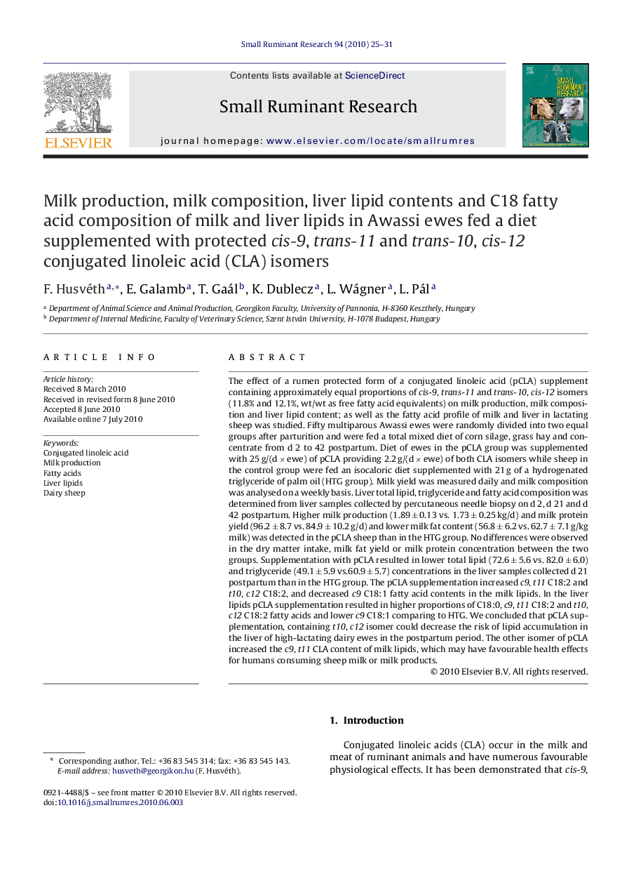 Milk production, milk composition, liver lipid contents and C18 fatty acid composition of milk and liver lipids in Awassi ewes fed a diet supplemented with protected cis-9, trans-11 and trans-10, cis-12 conjugated linoleic acid (CLA) isomers