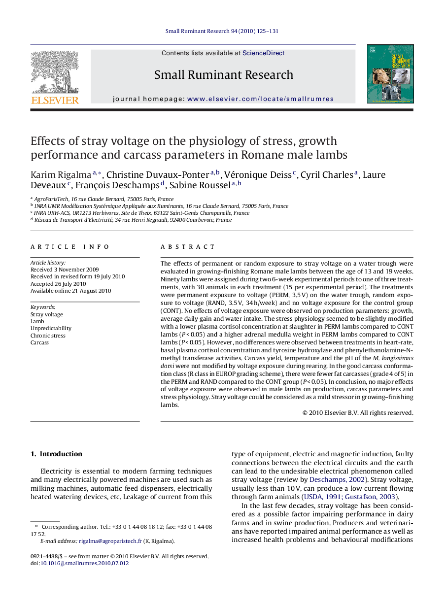 Effects of stray voltage on the physiology of stress, growth performance and carcass parameters in Romane male lambs