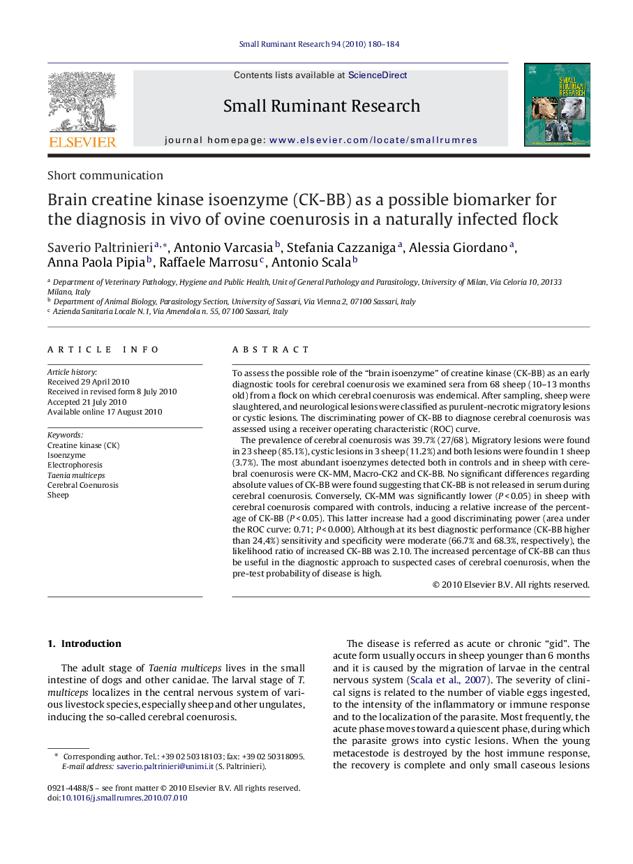 Brain creatine kinase isoenzyme (CK-BB) as a possible biomarker for the diagnosis in vivo of ovine coenurosis in a naturally infected flock