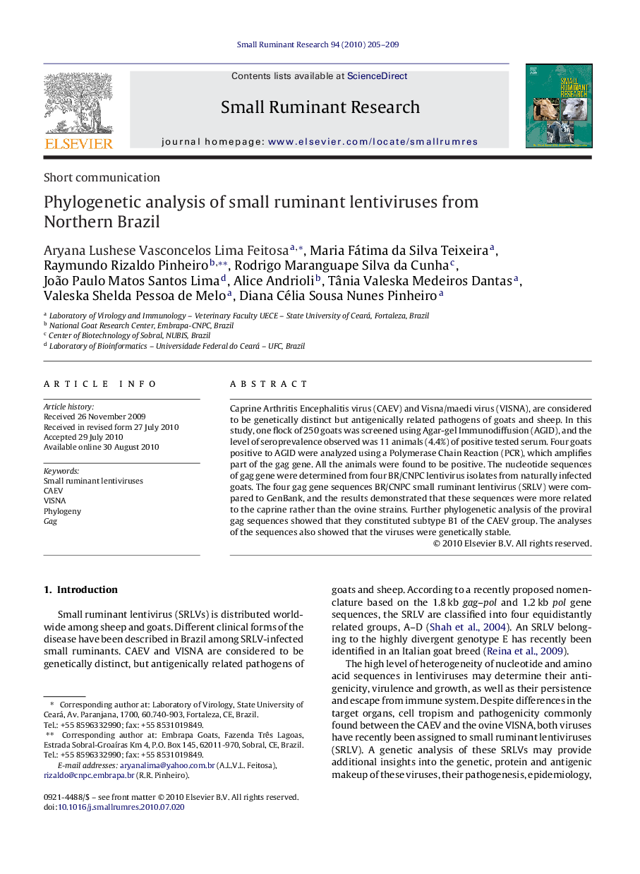 Phylogenetic analysis of small ruminant lentiviruses from Northern Brazil