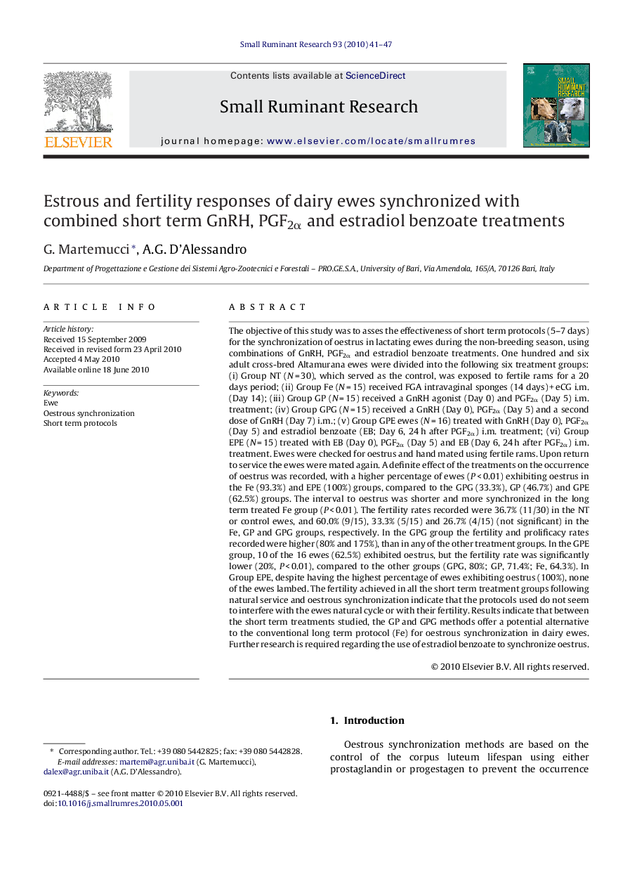 Estrous and fertility responses of dairy ewes synchronized with combined short term GnRH, PGF2α and estradiol benzoate treatments