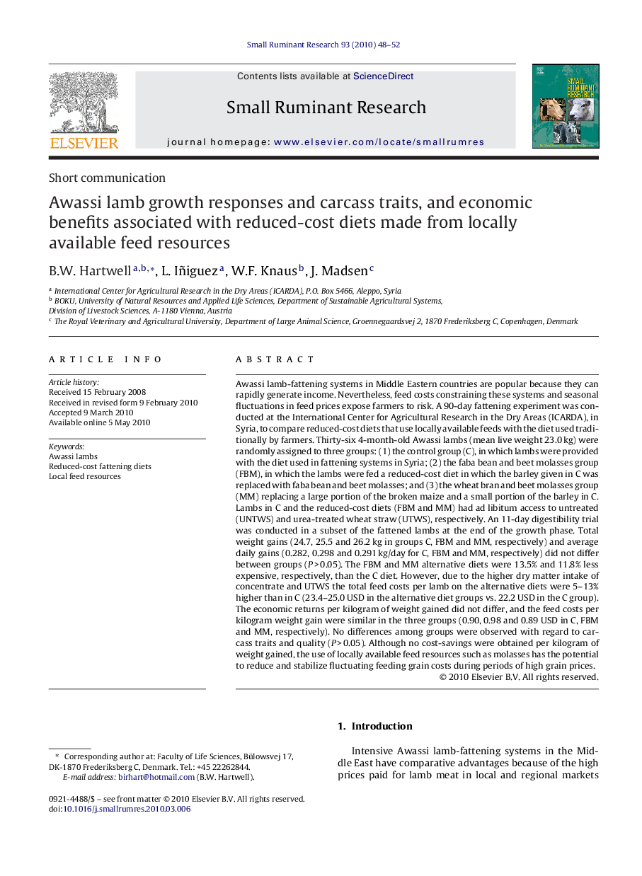 Awassi lamb growth responses and carcass traits, and economic benefits associated with reduced-cost diets made from locally available feed resources