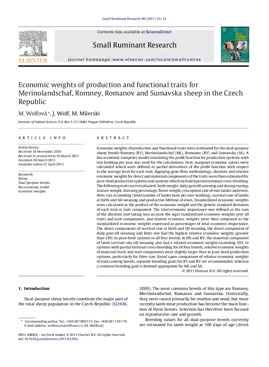 Economic weights of production and functional traits for Merinolandschaf, Romney, Romanov and Sumavska sheep in the Czech Republic