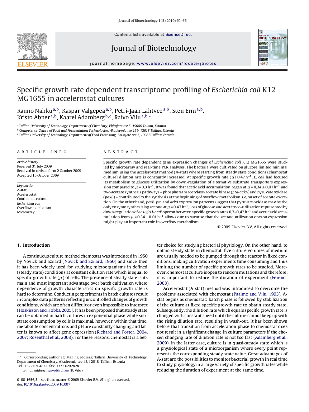 Specific growth rate dependent transcriptome profiling of Escherichia coli K12 MG1655 in accelerostat cultures