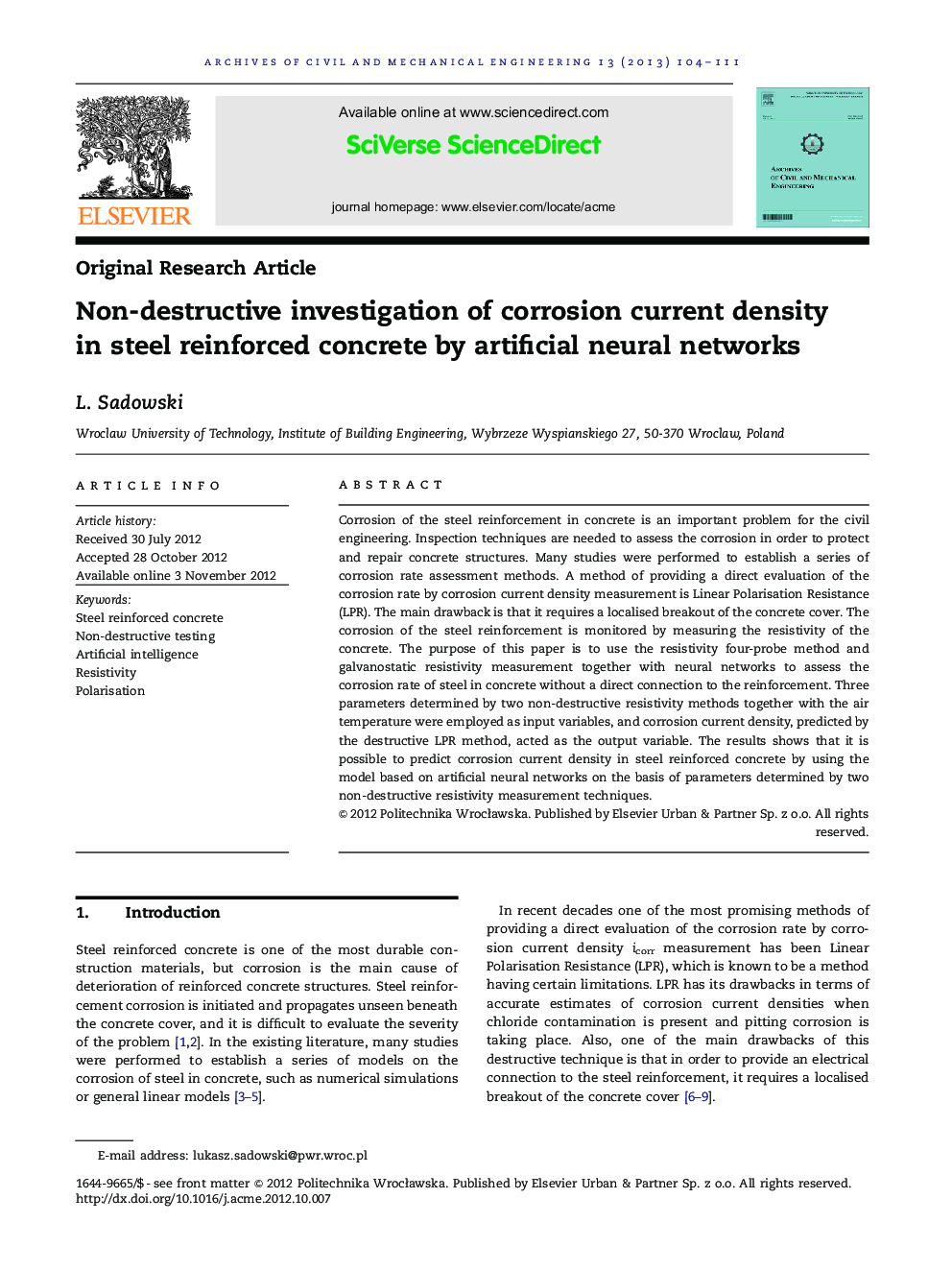 Non-destructive investigation of corrosion current density in steel reinforced concrete by artificial neural networks