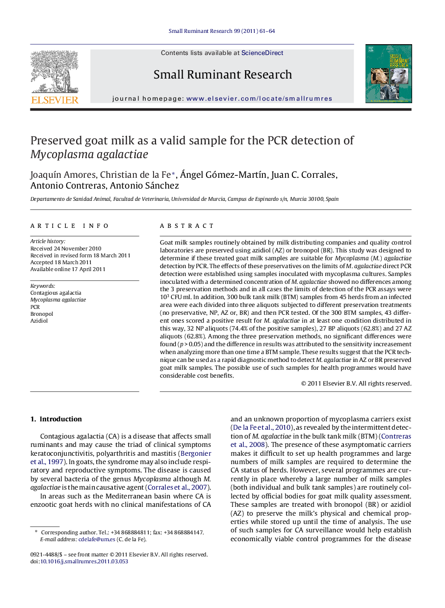 Preserved goat milk as a valid sample for the PCR detection of Mycoplasma agalactiae