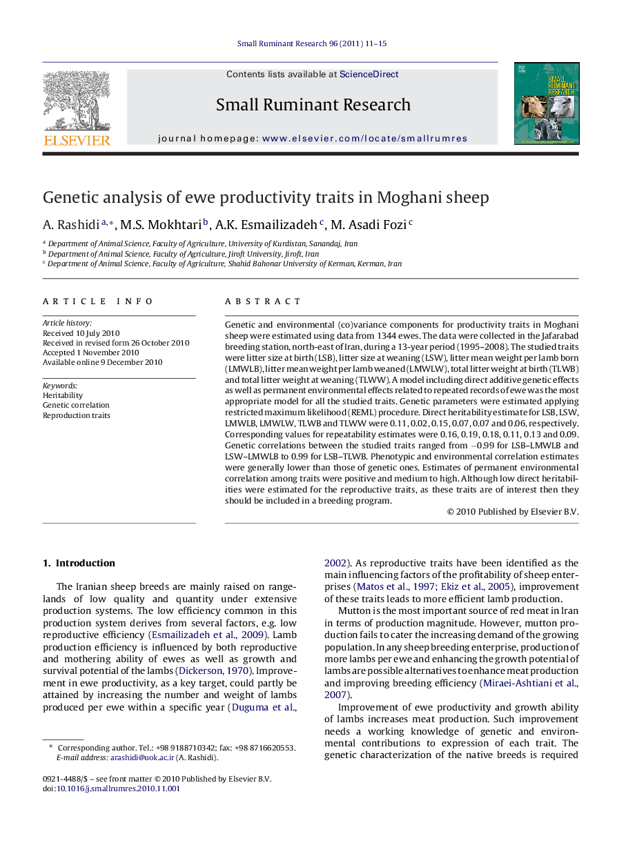 Genetic analysis of ewe productivity traits in Moghani sheep