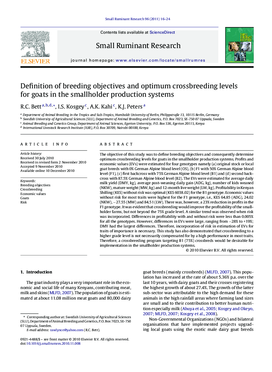 Definition of breeding objectives and optimum crossbreeding levels for goats in the smallholder production systems