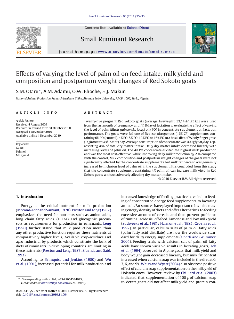 Effects of varying the level of palm oil on feed intake, milk yield and composition and postpartum weight changes of Red Sokoto goats