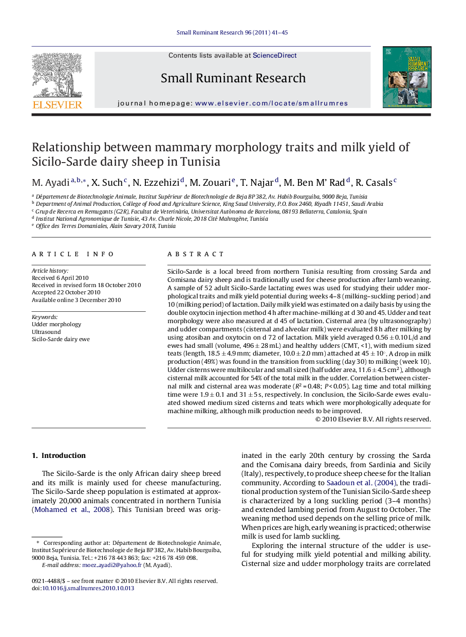 Relationship between mammary morphology traits and milk yield of Sicilo-Sarde dairy sheep in Tunisia