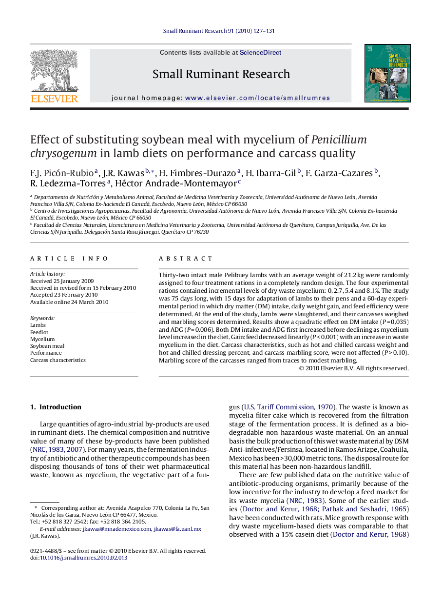 Effect of substituting soybean meal with mycelium of Penicillium chrysogenum in lamb diets on performance and carcass quality