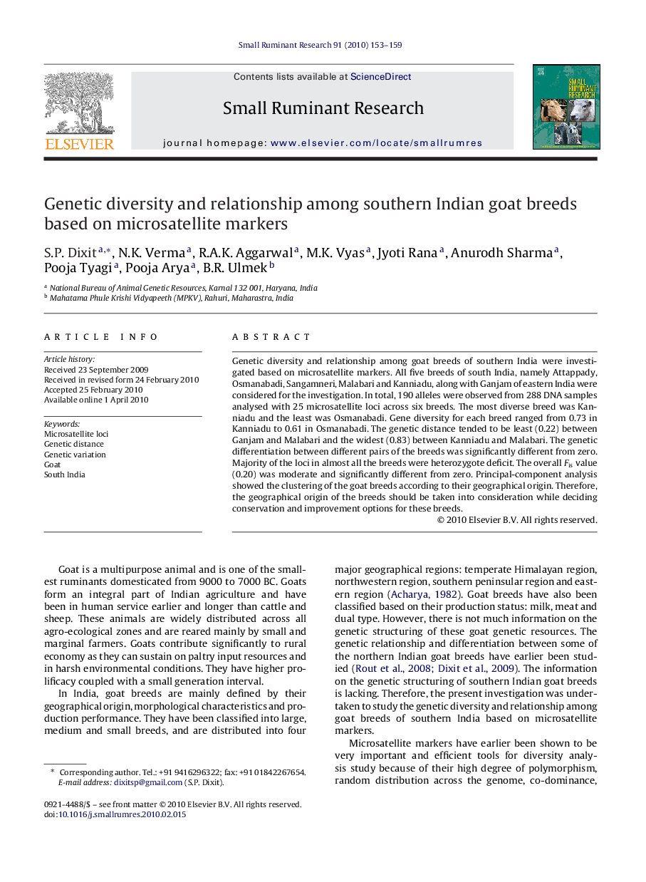 Genetic diversity and relationship among southern Indian goat breeds based on microsatellite markers