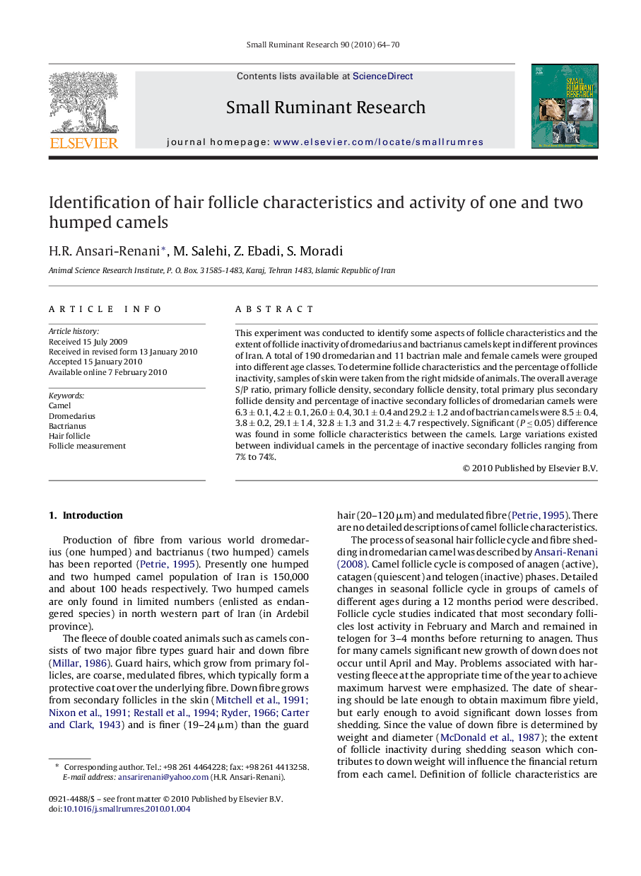 Identification of hair follicle characteristics and activity of one and two humped camels