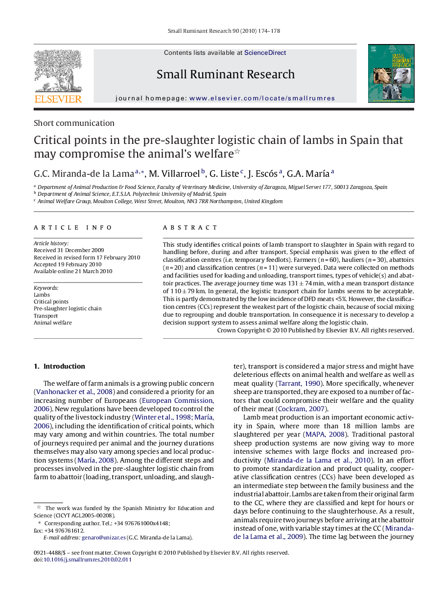 Critical points in the pre-slaughter logistic chain of lambs in Spain that may compromise the animal's welfare 