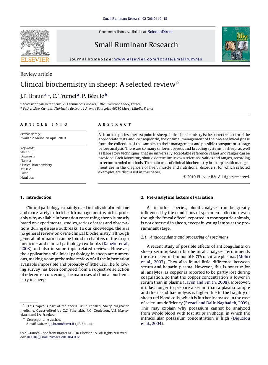 Clinical biochemistry in sheep: A selected review 