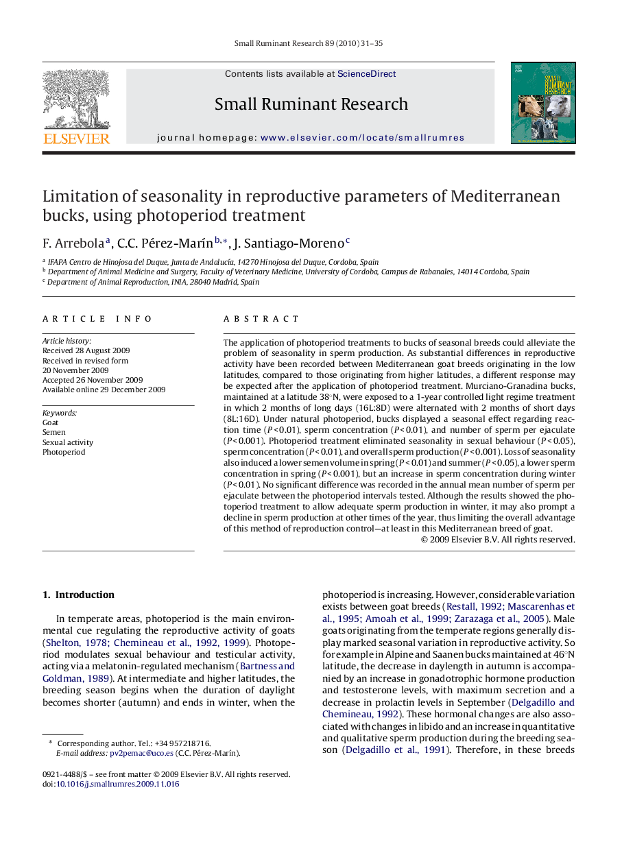 Limitation of seasonality in reproductive parameters of Mediterranean bucks, using photoperiod treatment