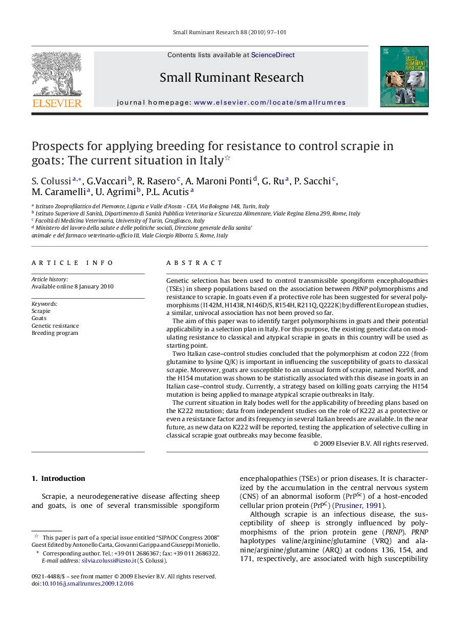 Prospects for applying breeding for resistance to control scrapie in goats: The current situation in Italy 