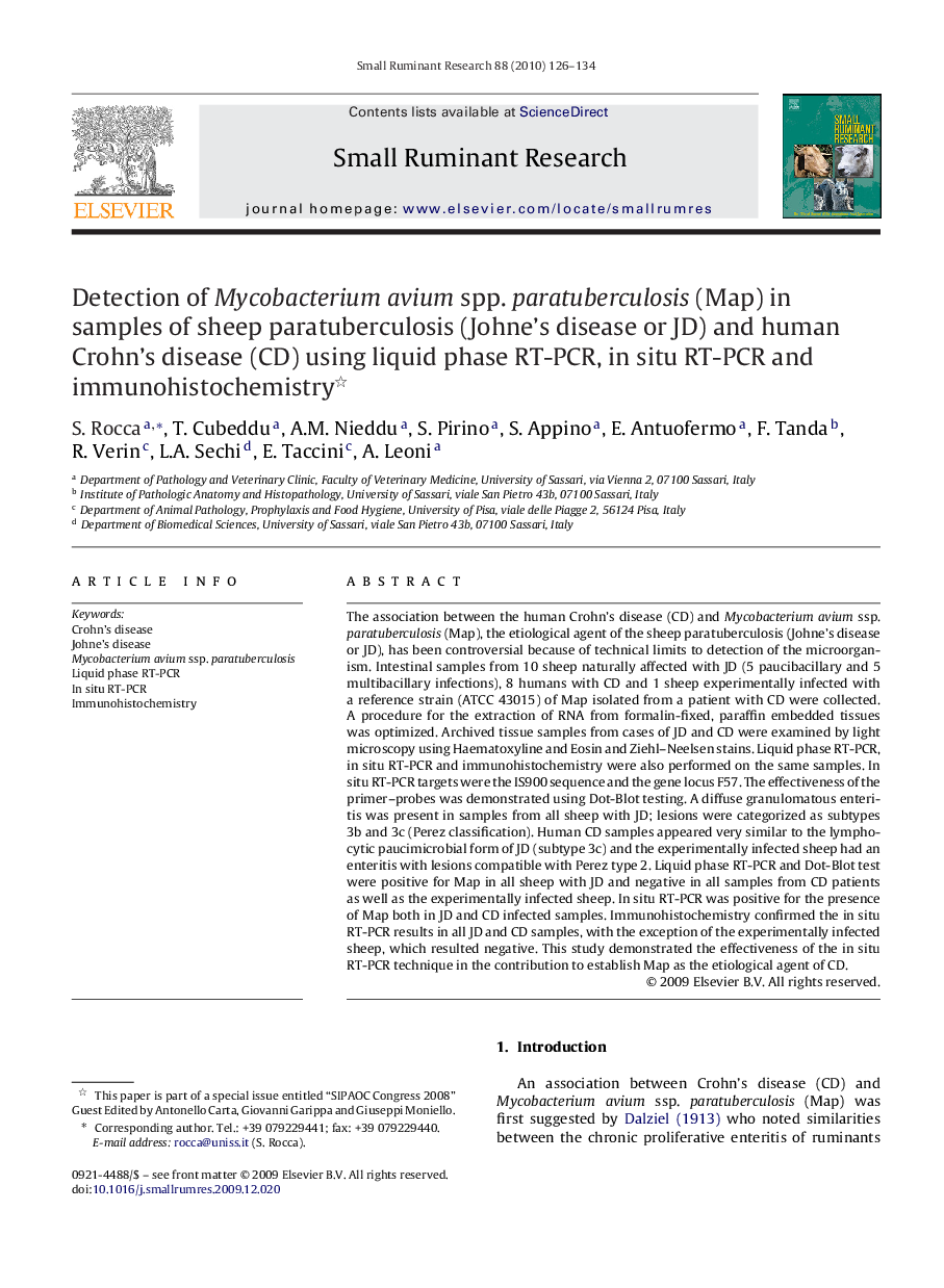 Detection of Mycobacterium avium spp. paratuberculosis (Map) in samples of sheep paratuberculosis (Johne's disease or JD) and human Crohn's disease (CD) using liquid phase RT-PCR, in situ RT-PCR and immunohistochemistry 