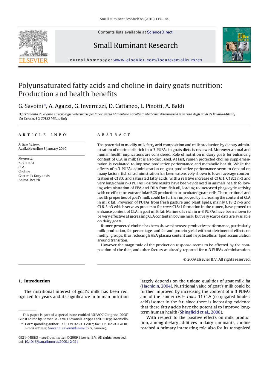 Polyunsaturated fatty acids and choline in dairy goats nutrition: Production and health benefits 