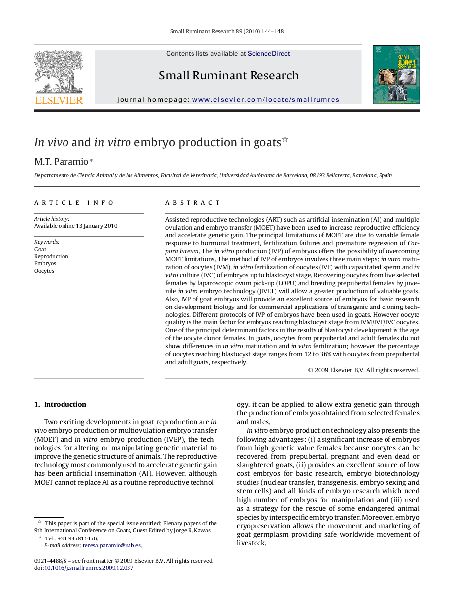 In vivo and in vitro embryo production in goats 