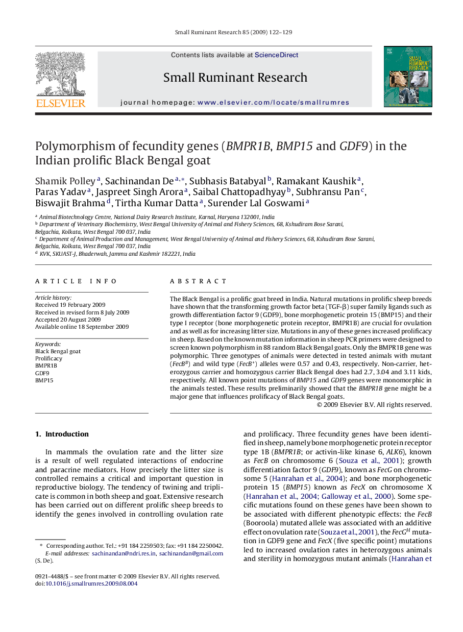 Polymorphism of fecundity genes (BMPR1B, BMP15 and GDF9) in the Indian prolific Black Bengal goat