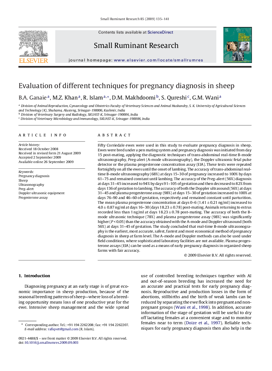 عکس صفحه اول مقاله: Evaluation of different techniques for pregnancy diagnosis in sheep Evaluation of different techniques for pregnancy diagnosis in sheep