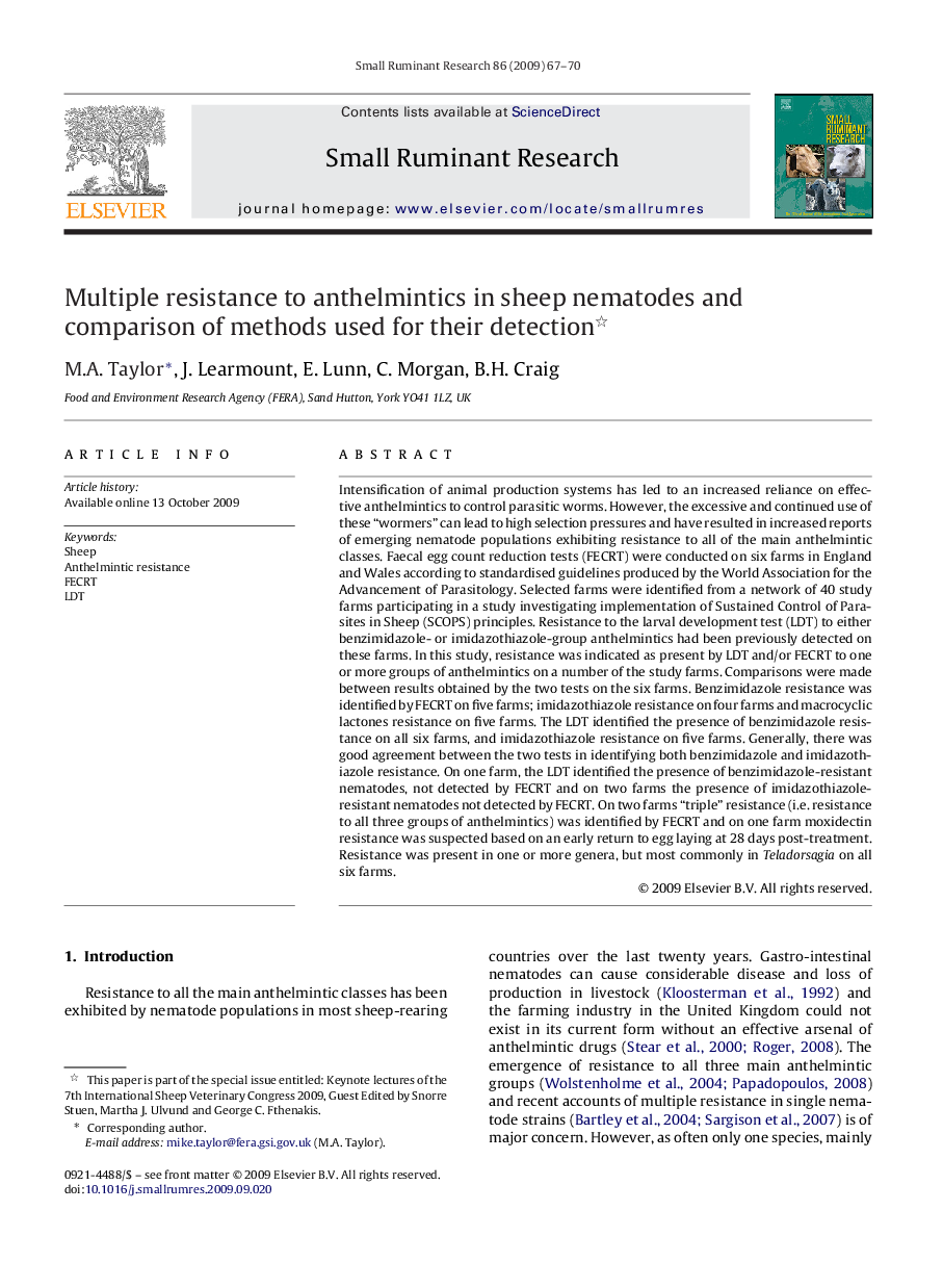 Multiple resistance to anthelmintics in sheep nematodes and comparison of methods used for their detection 