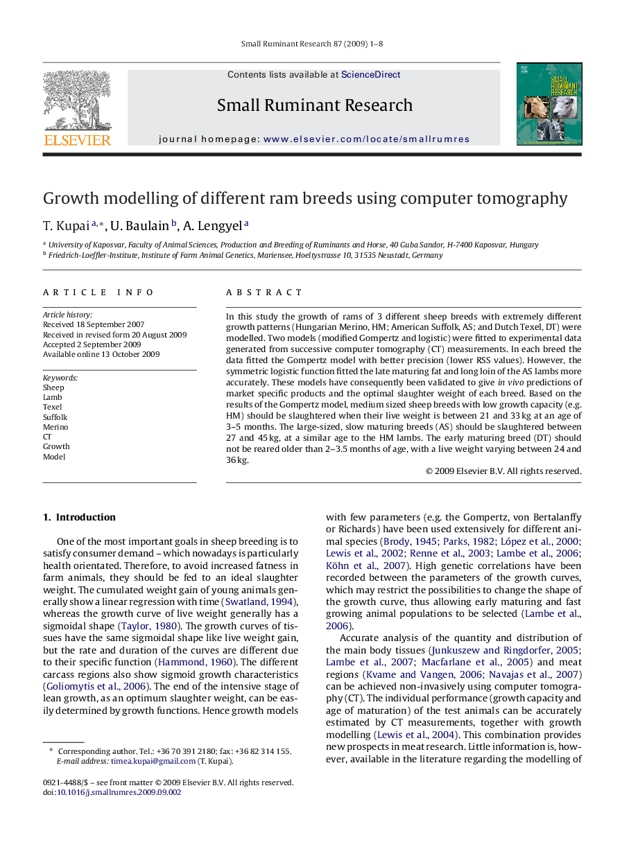 Growth modelling of different ram breeds using computer tomography