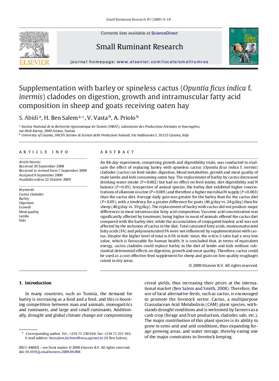 Supplementation with barley or spineless cactus (Opuntia ficus indica f. inermis) cladodes on digestion, growth and intramuscular fatty acid composition in sheep and goats receiving oaten hay