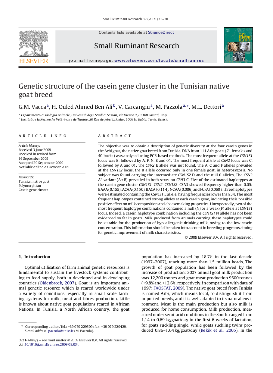 Genetic structure of the casein gene cluster in the Tunisian native goat breed