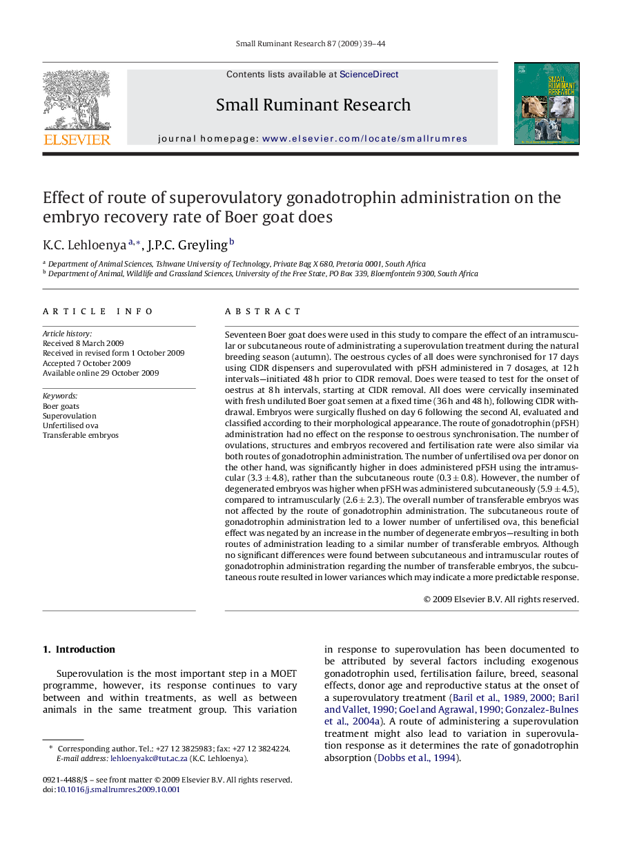 Effect of route of superovulatory gonadotrophin administration on the embryo recovery rate of Boer goat does