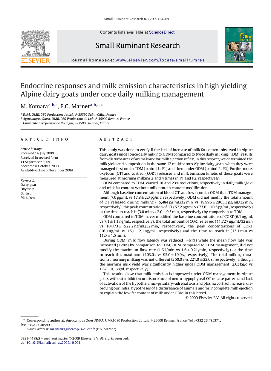 Endocrine responses and milk emission characteristics in high yielding Alpine dairy goats under once daily milking management