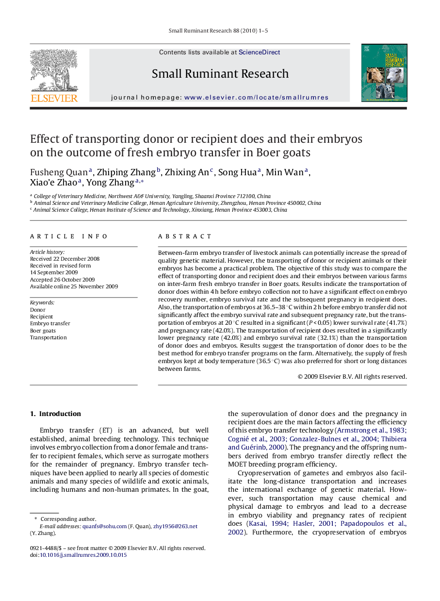 Effect of transporting donor or recipient does and their embryos on the outcome of fresh embryo transfer in Boer goats