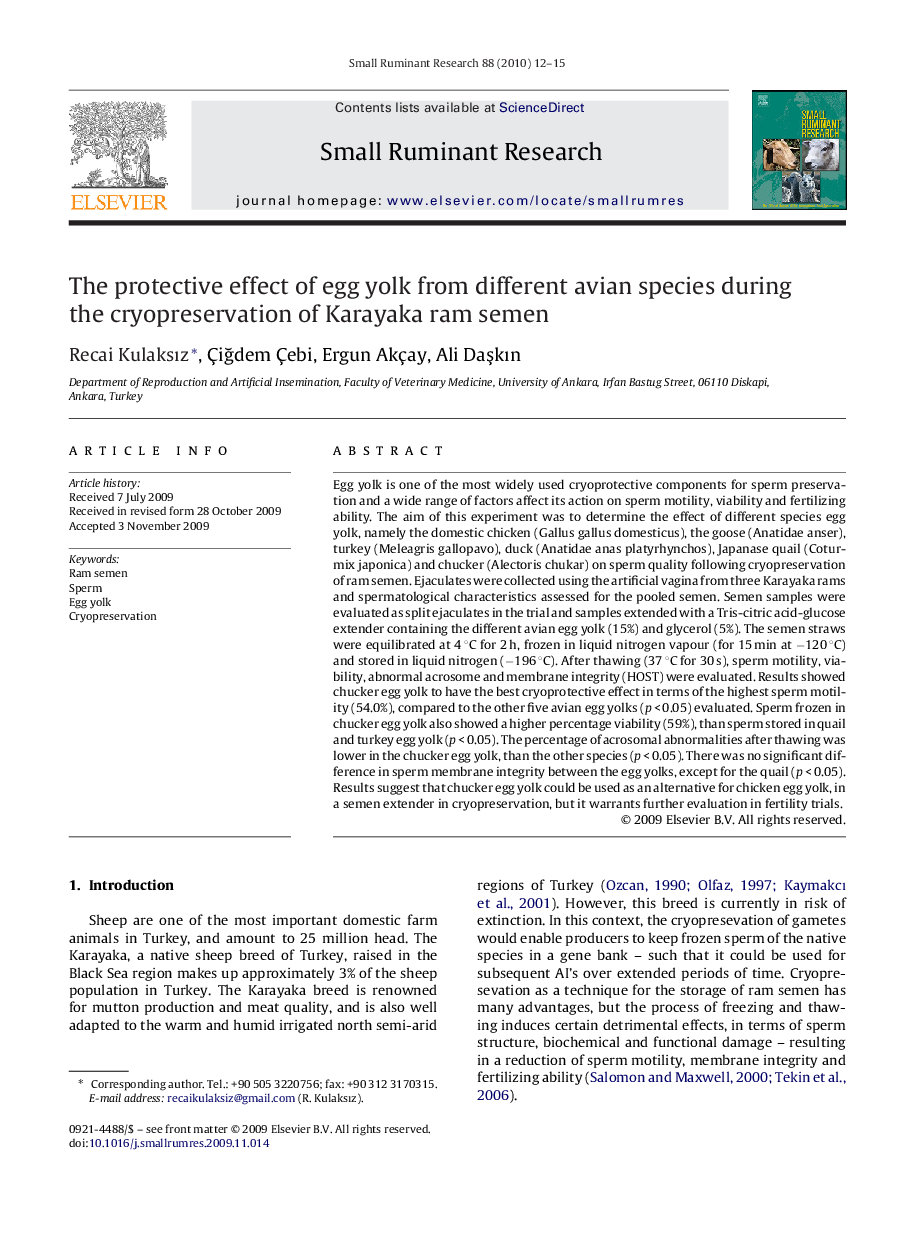 The protective effect of egg yolk from different avian species during the cryopreservation of Karayaka ram semen